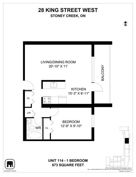 A black and white image of a floor plan for a 28 King Street West apartment.